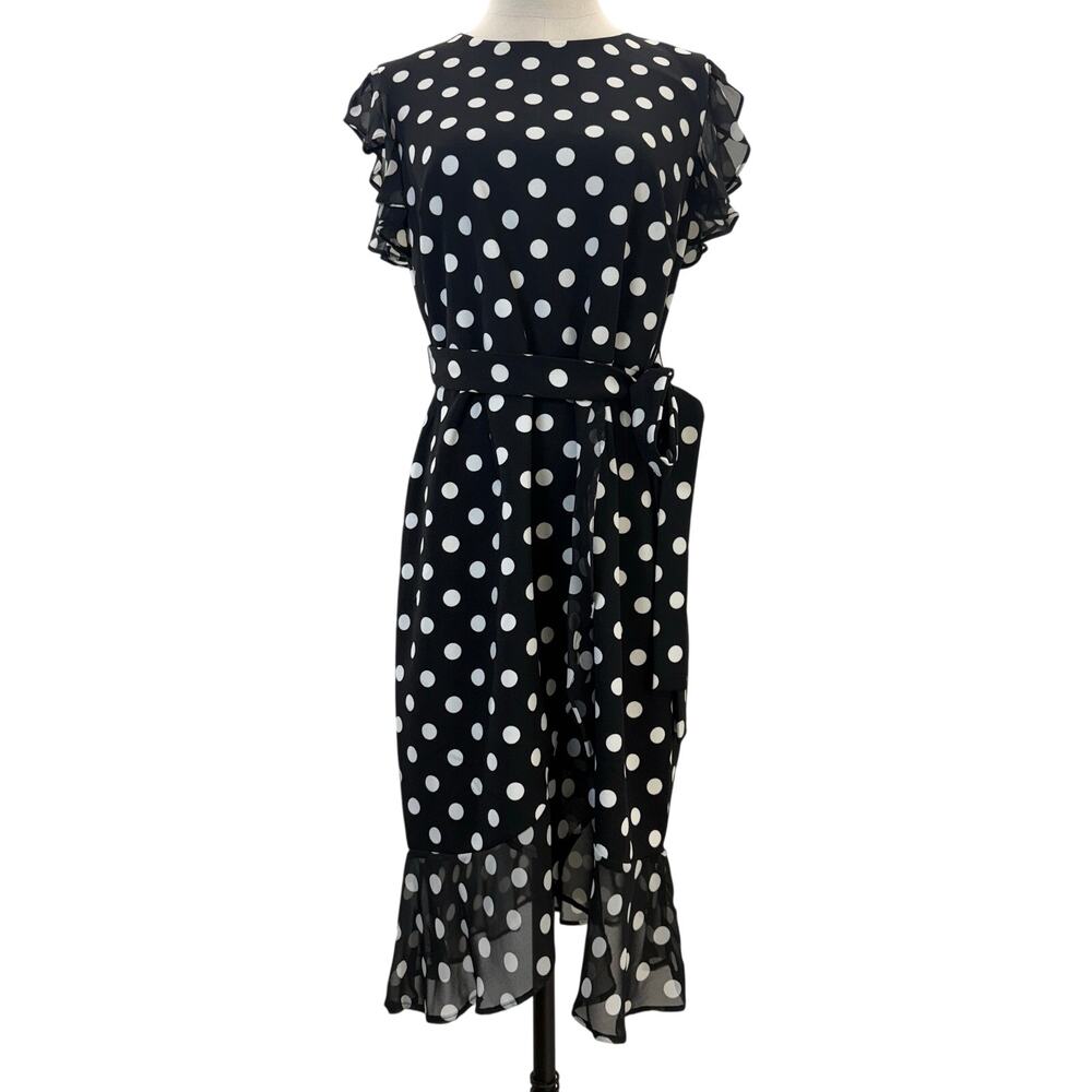 Shelby & Palmer Polka Dot Faux Wrap Midi Dress Womens 10 Black White